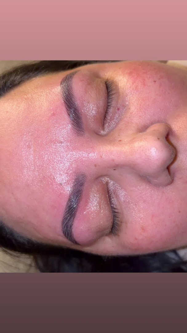 A finished brow transformation: laminated, shaped and tinted brows.